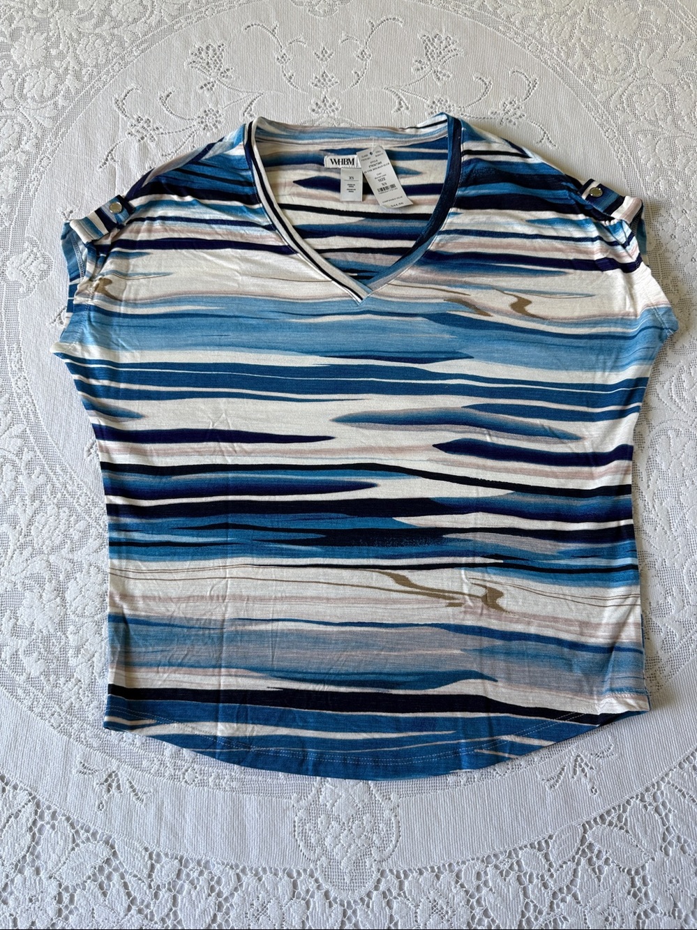 WHBM Women’s Blue Multi color V-Neck Dolman Sleeve XS Top Blouse‎ Rayon Blend